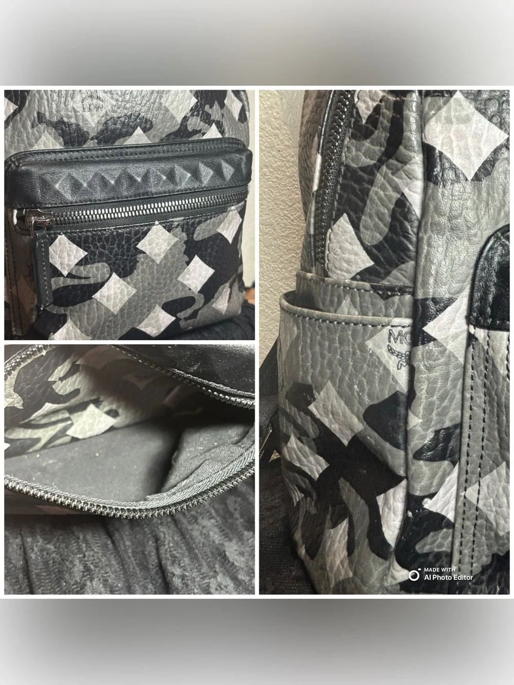 MCM Stark Munich Lion Camo Unisex Backpack Black Gray White Coated Canvas